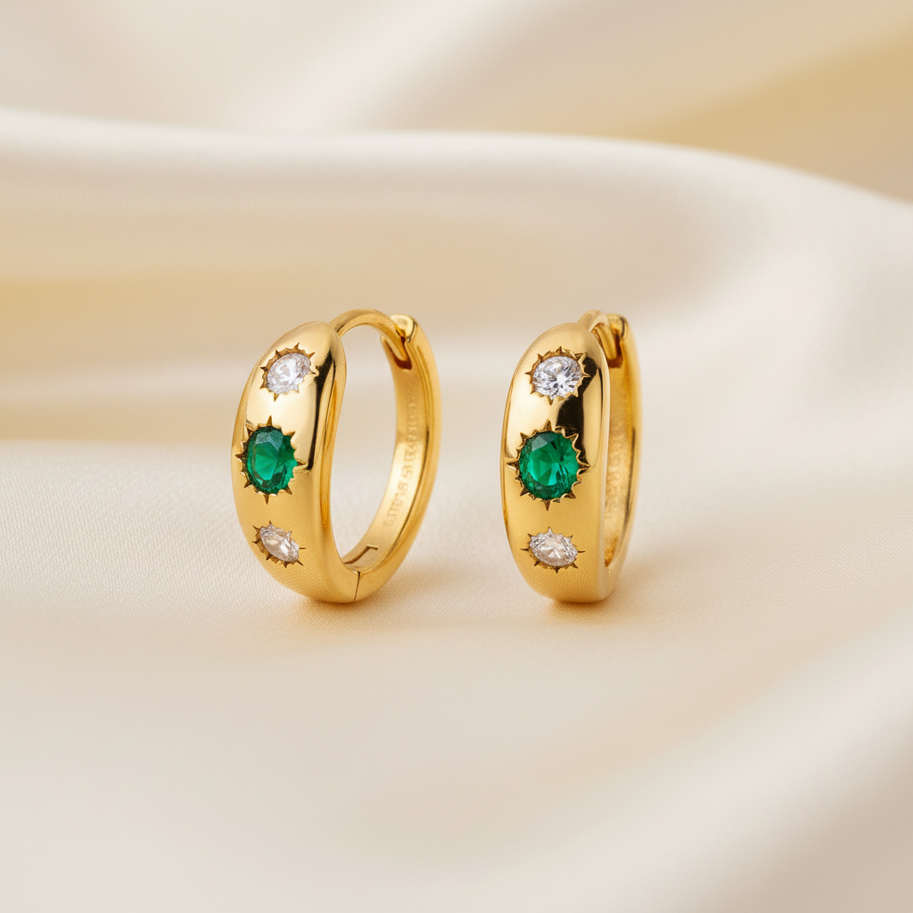 Emerald Crown Huggie Earrings