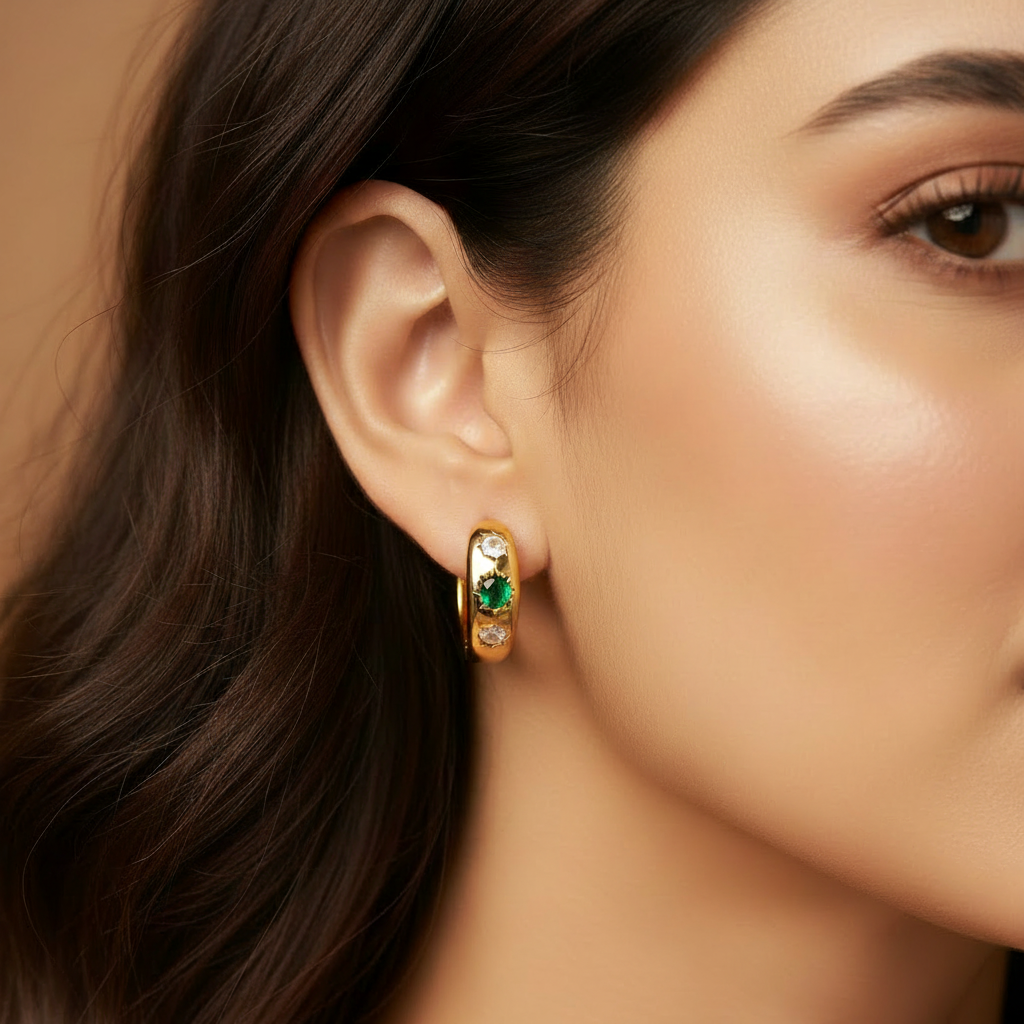 Emerald Crown Huggie Earrings - Image 2